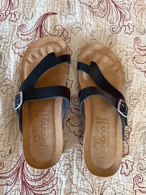 Yokono Black Leather Slide Sandals - Women's Comfortable Cork Footbed size 7.5